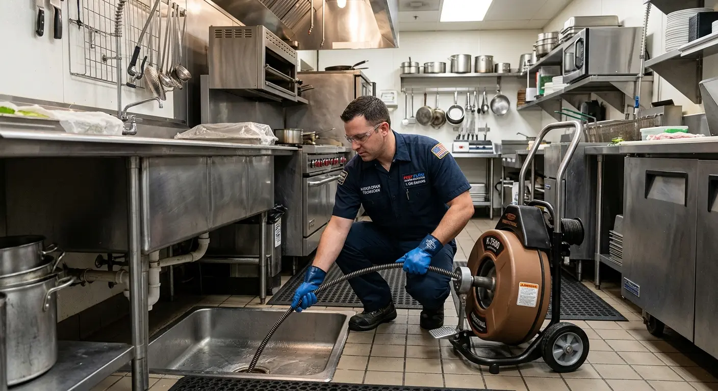 Commercial drain cleaning service in a restaurant kitchen in Cottage Lake