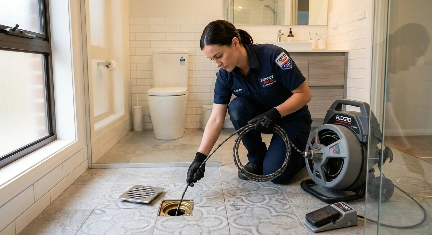 Technician clearing a bathroom floor drain for Drain Cleaning in Cottage Lake